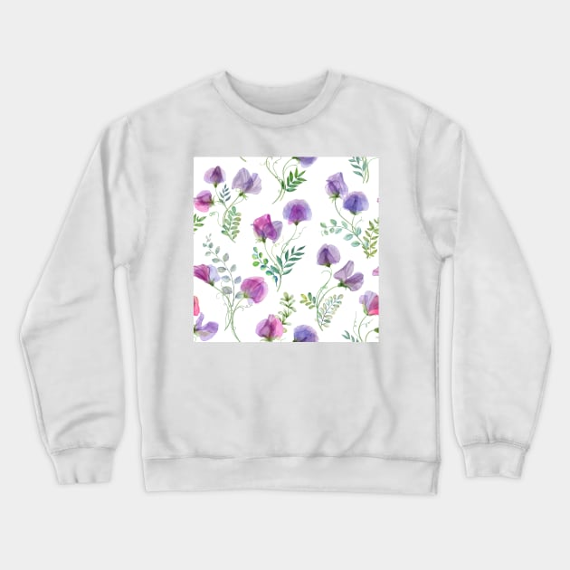 Sweet pea and spring leaves watercolor botanical print. Romantic transparent flowers. Spring floral bouquets Crewneck Sweatshirt by likapix